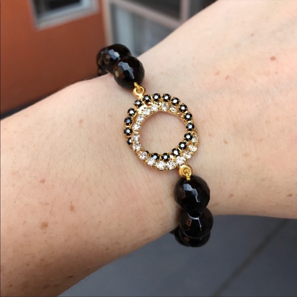 Black agate beaded stretch bracelet - Picture 3 of 8